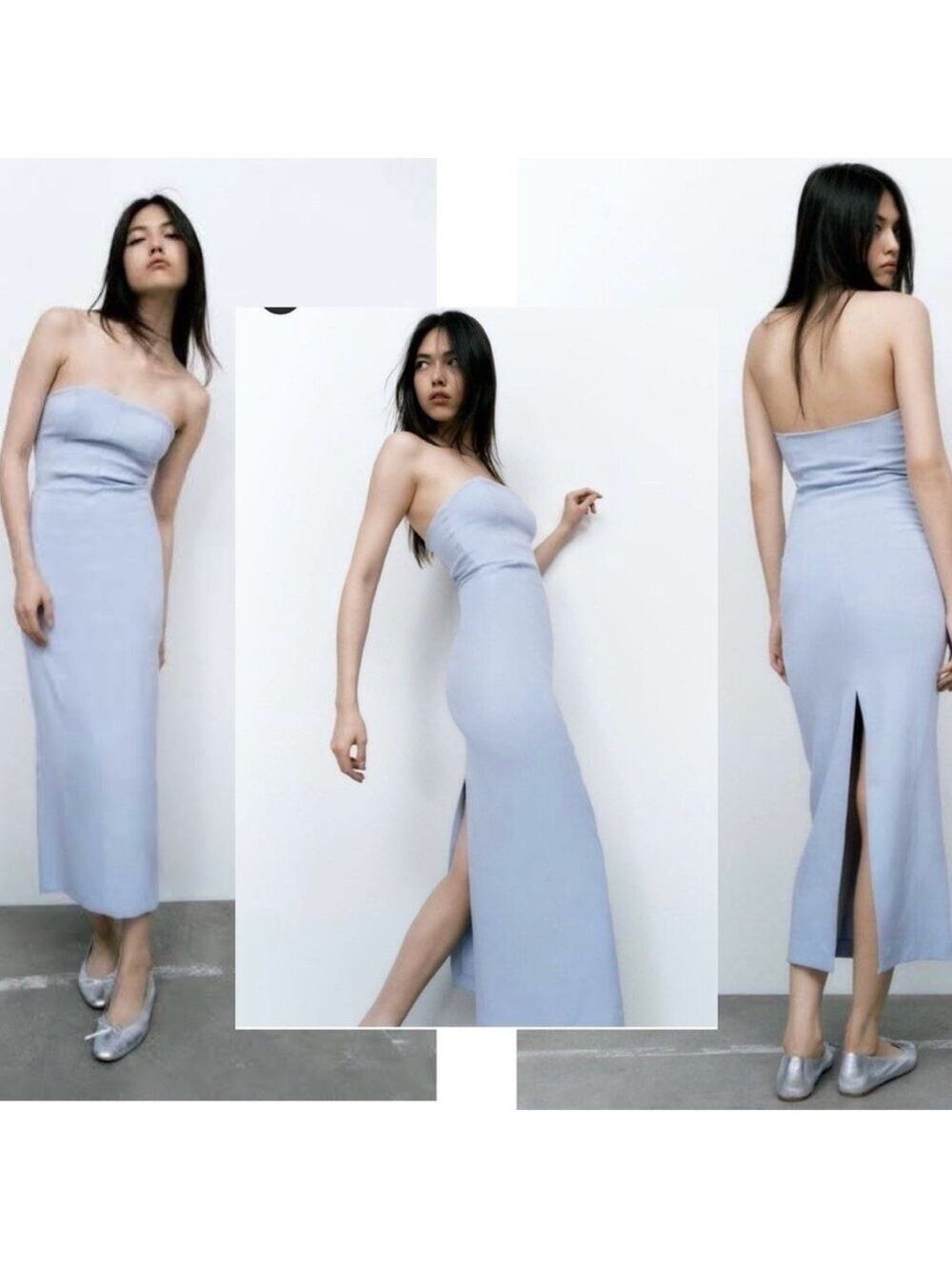 Zara light pastel blue strapless bodycon midi tube dress Sz M NWT bloggers fave